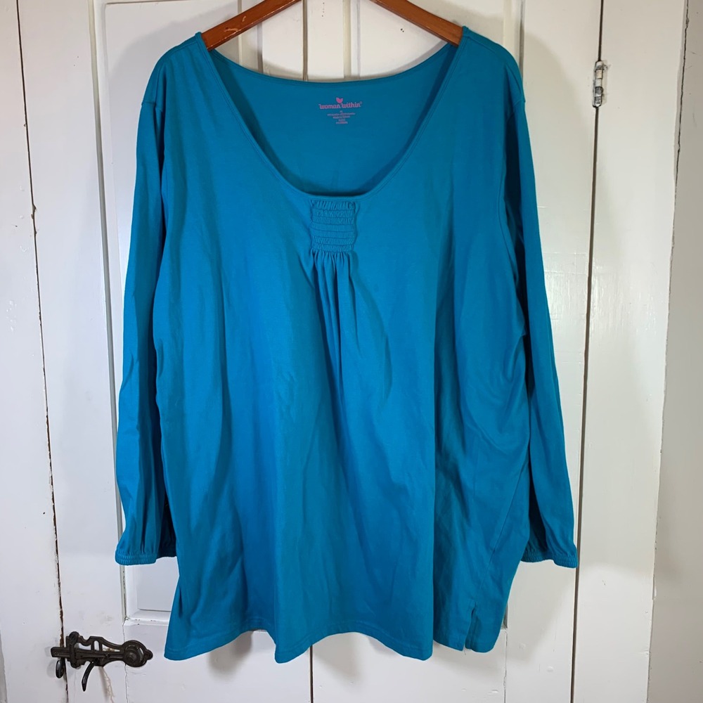 Woman Within Teal Blue Smocked Scoop Neck Long Sleeve Knit Top Plus Size 4X